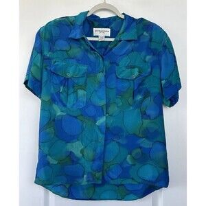 Aliki Yamani Creations Silk Button Up Blouse Blue Aqua Watercolor Womens Sz M/L